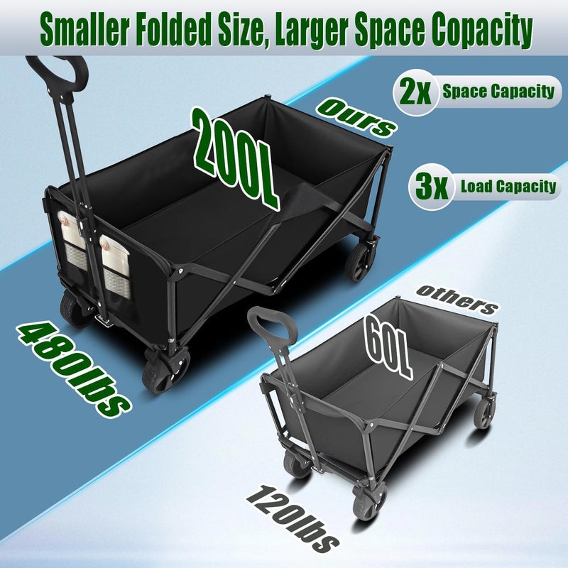 Eworld Collapsible Wagon Cart Foldable 37 Inch – 480lbs Heavy Duty Beach & Shopping Wagon with Wheels, Large 200L Capacity, Adjustable Handle & Detachable Waterproof Fabric - Image 3